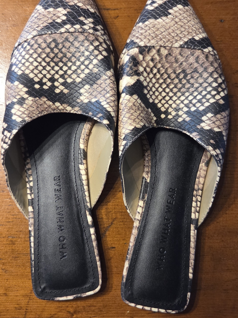 Who What Wear Snake-Print D'Orsay Mules in Brown and Black, US size 7